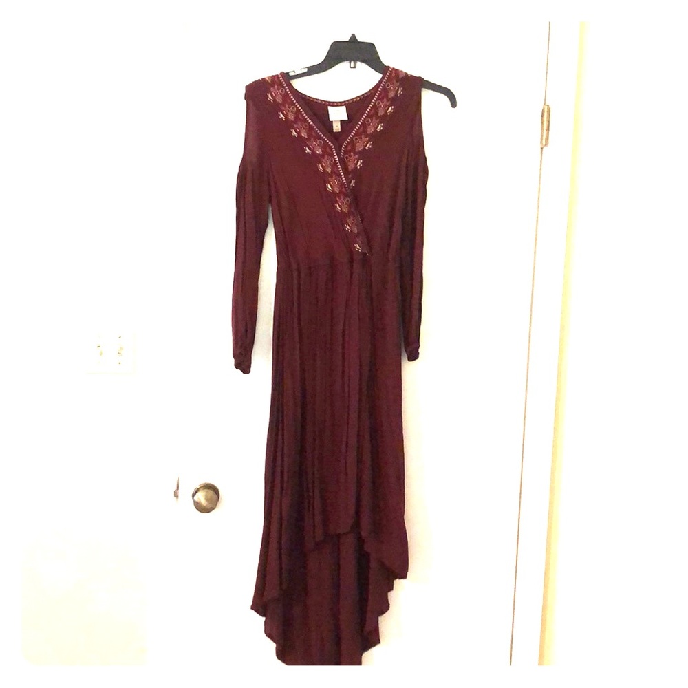 Slightly high-low maroon dress with pretty detail
